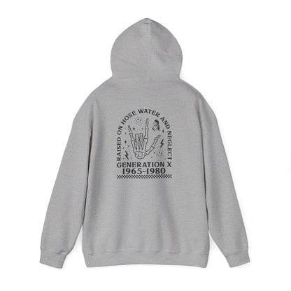 Generation X Hoodie – “Raised on Nostalgia and Neglect” Retro 1965–1980 Skeleton Hand Design