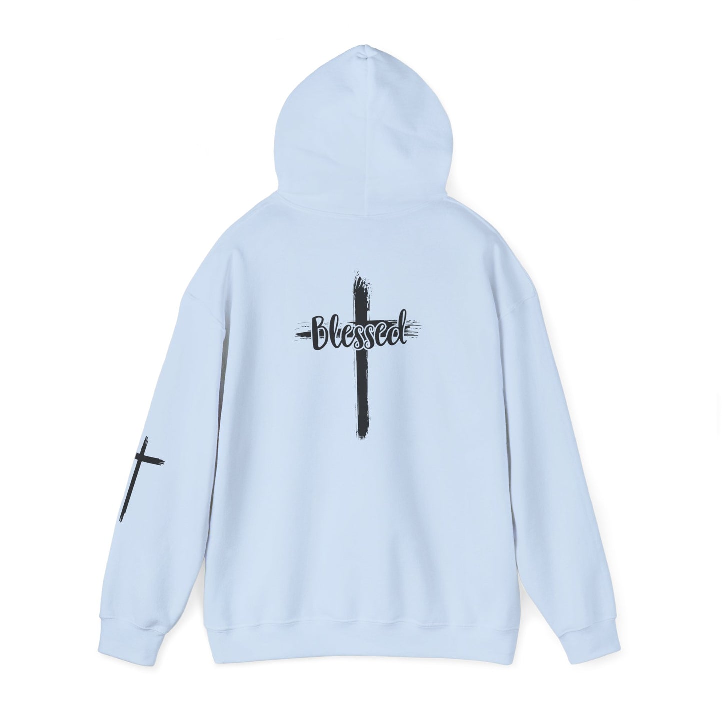 Blessed Cross Hoodie — Christian Faith Pullover with Cross Sleeve Design