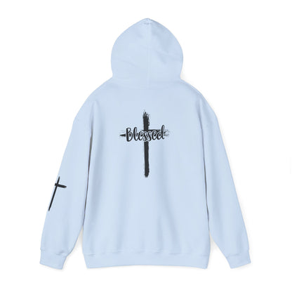 Blessed Cross Hoodie — Christian Faith Pullover with Cross Sleeve Design