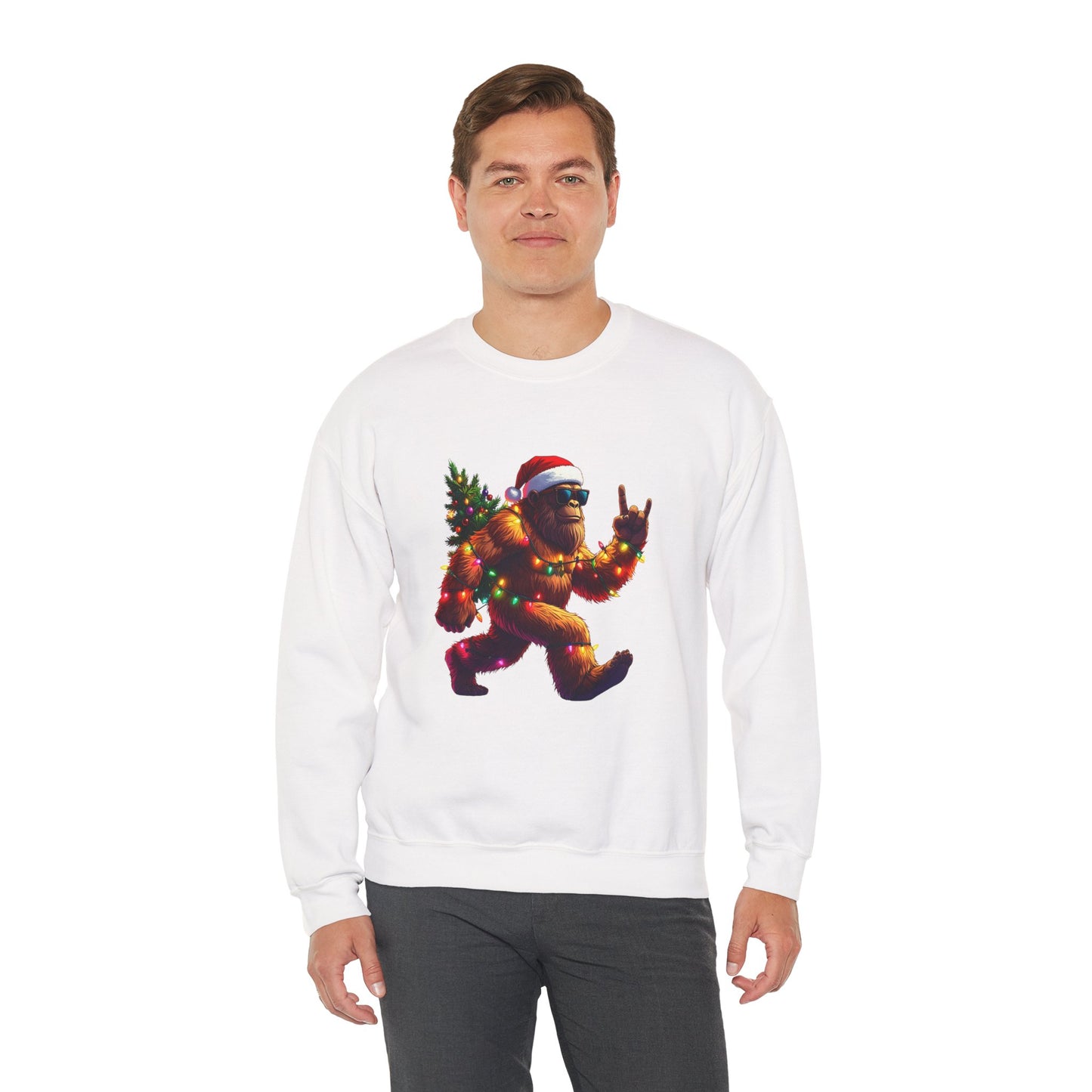 Christmas Sasquatch Crewneck Sweatshirt — Holiday Bigfoot with Santa Hat & Lights