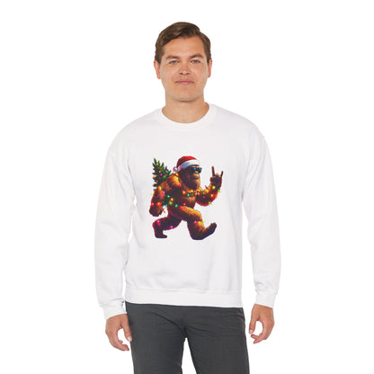 Christmas Sasquatch Crewneck Sweatshirt — Holiday Bigfoot with Santa Hat & Lights