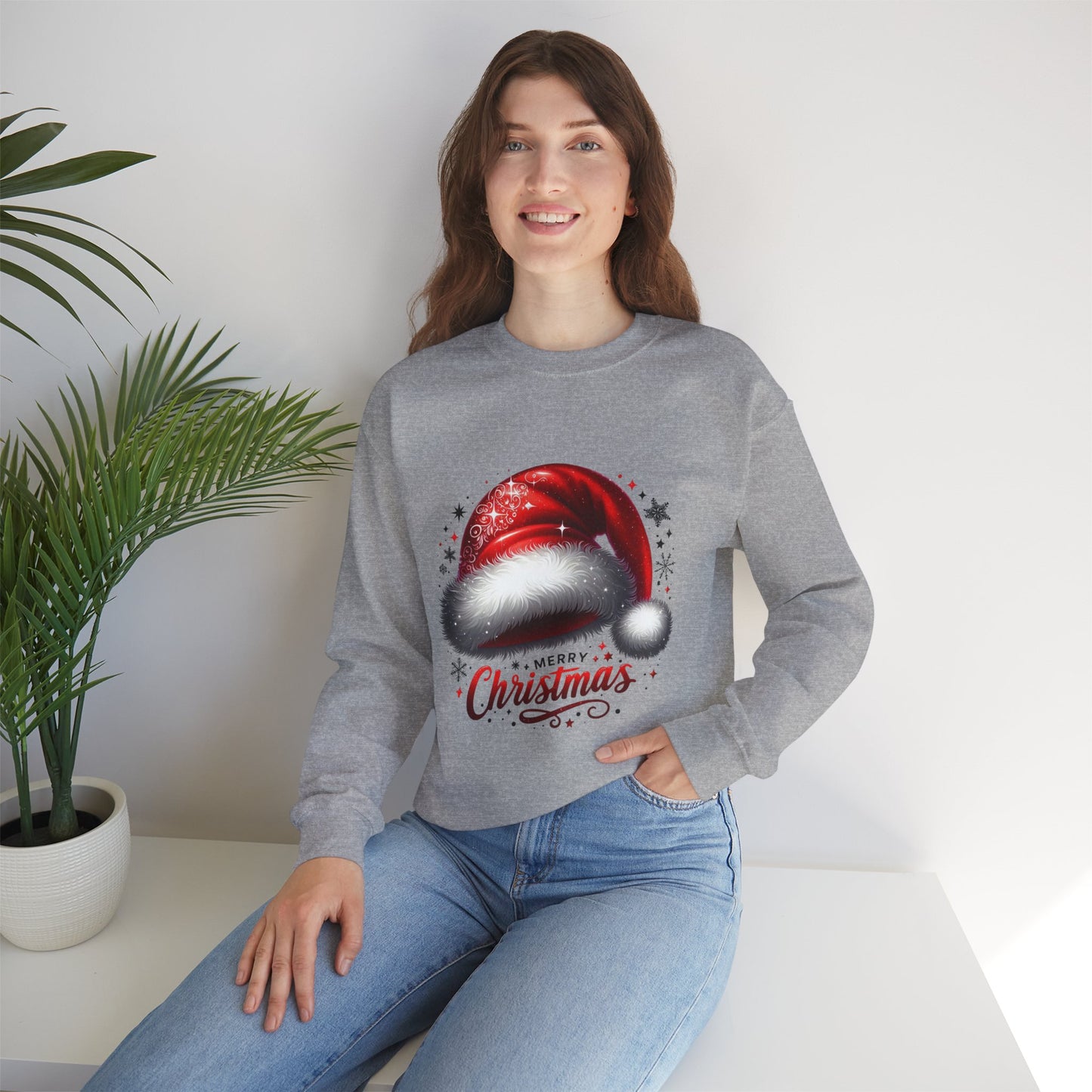 Christmas Sweatshirt - Red Santa Hat "Merry Christmas" Holiday Crewneck