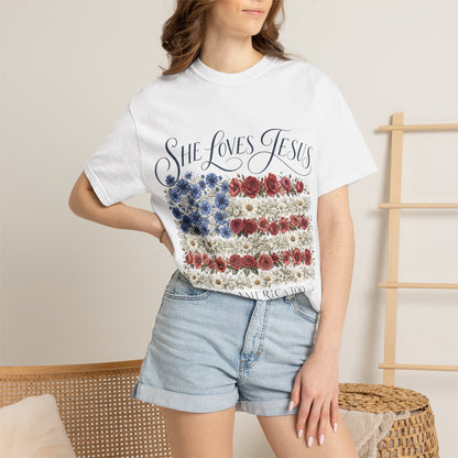 She Loves Jesus Floral American Flag T-Shirt