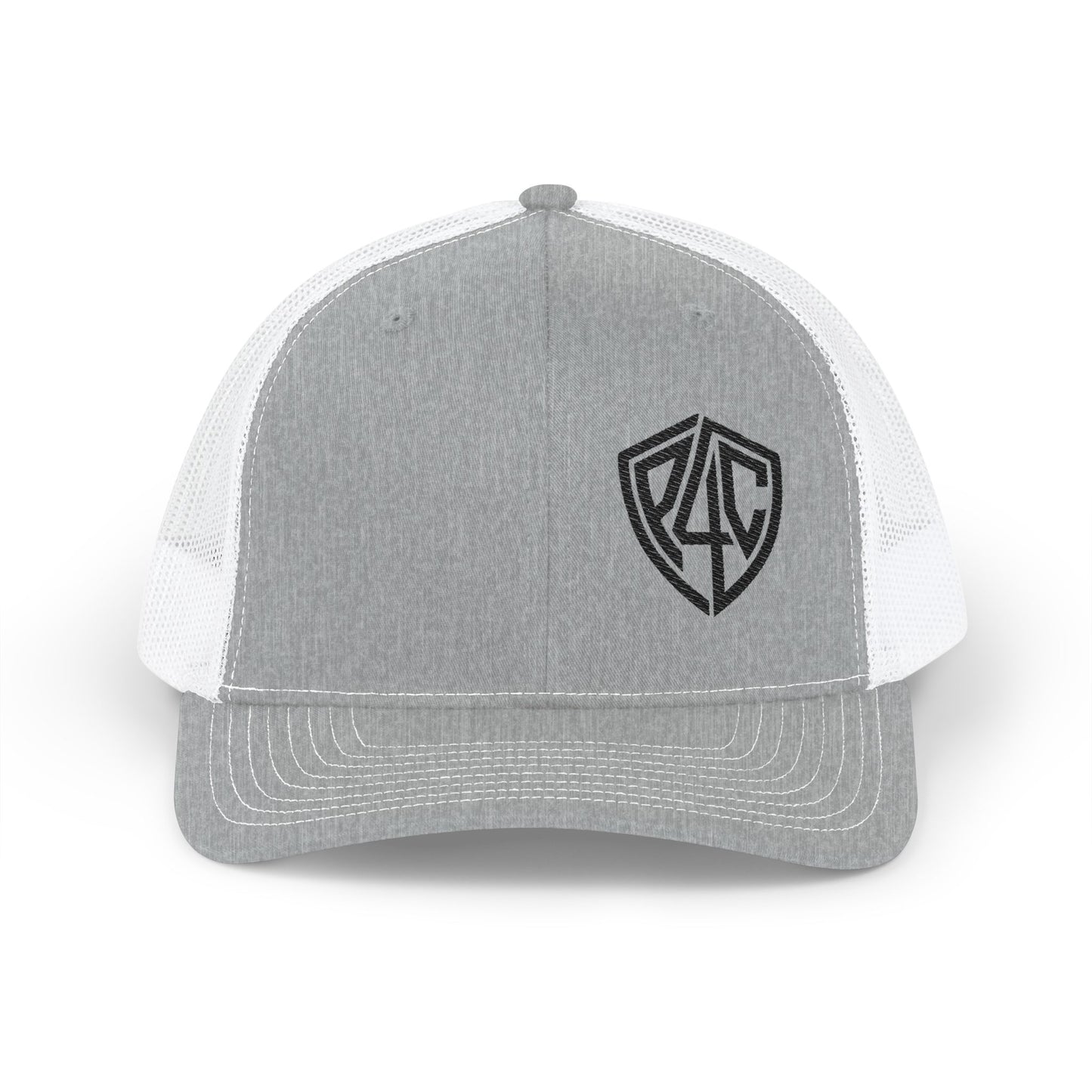 Embroidered Shield Snapback Trucker Hat — Classic Mesh Cap with Monogram Patch