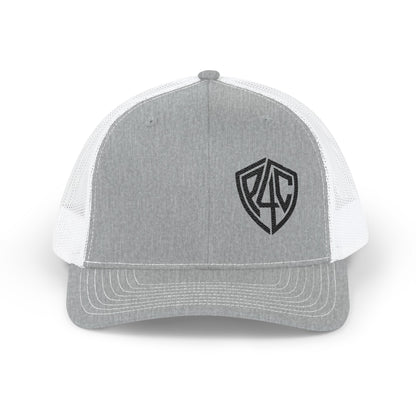 Embroidered Shield Snapback Trucker Hat — Classic Mesh Cap with Monogram Patch