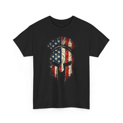 American Spartan Helmet T-Shirt — Distressed USA Flag Graphic Tee