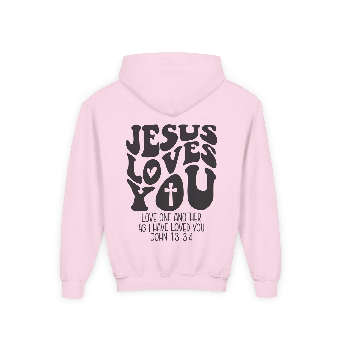 Youth Hoodie — "Jesus Loves You" Christian Scripture Sweatshirt (John 13:34)