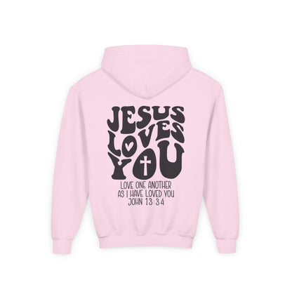 Youth Hoodie — "Jesus Loves You" Christian Scripture Sweatshirt (John 13:34)