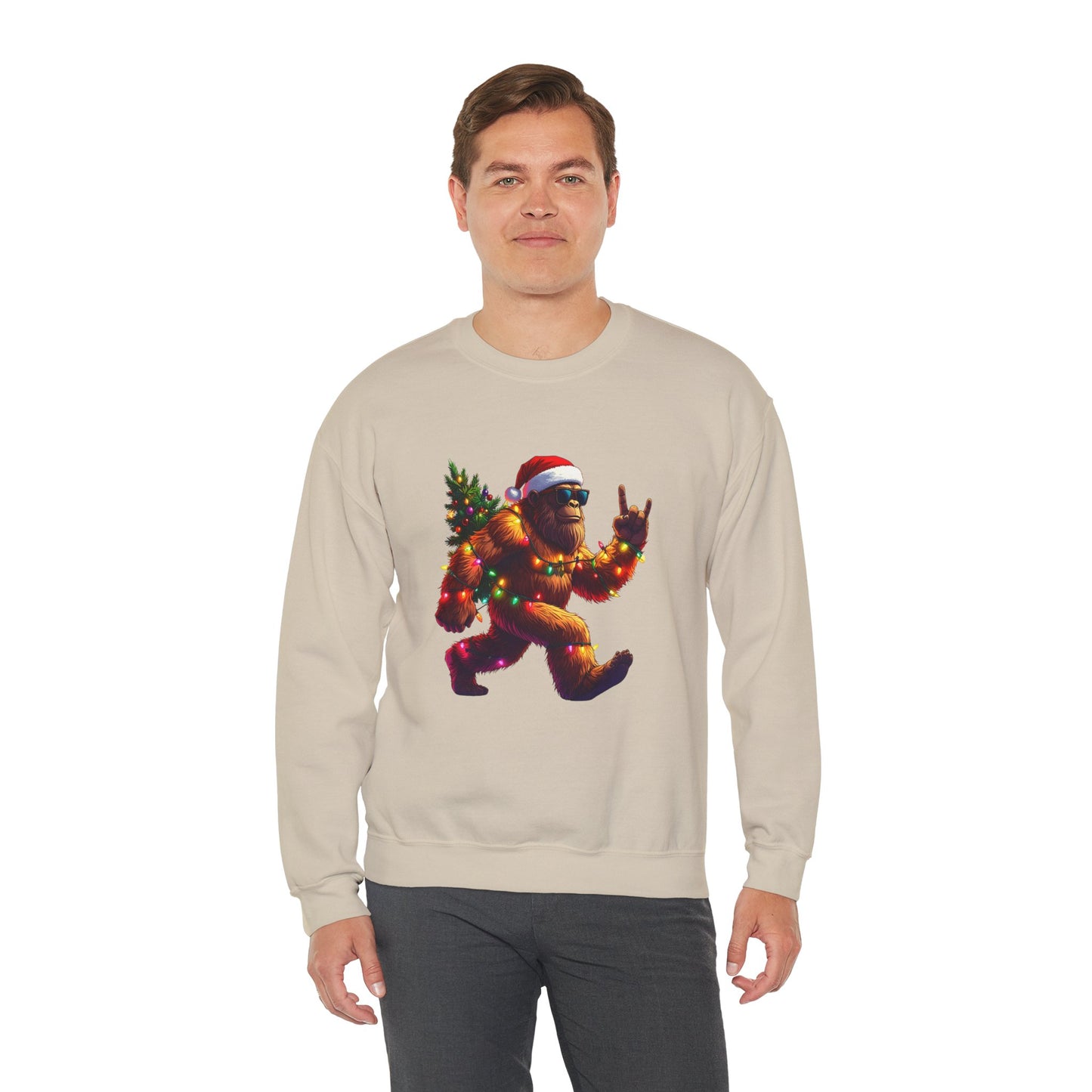 Christmas Sasquatch Crewneck Sweatshirt — Holiday Bigfoot with Santa Hat & Lights