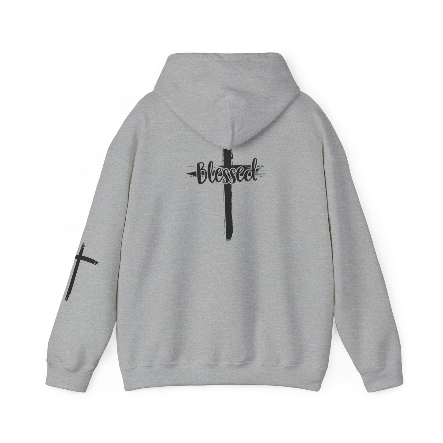 Blessed Cross Hoodie — Christian Faith Pullover with Cross Sleeve Design