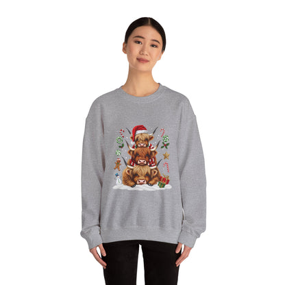 Christmas Highland Cow Sweatshirt — Holiday Stack with Santa Hats & Candy Canes