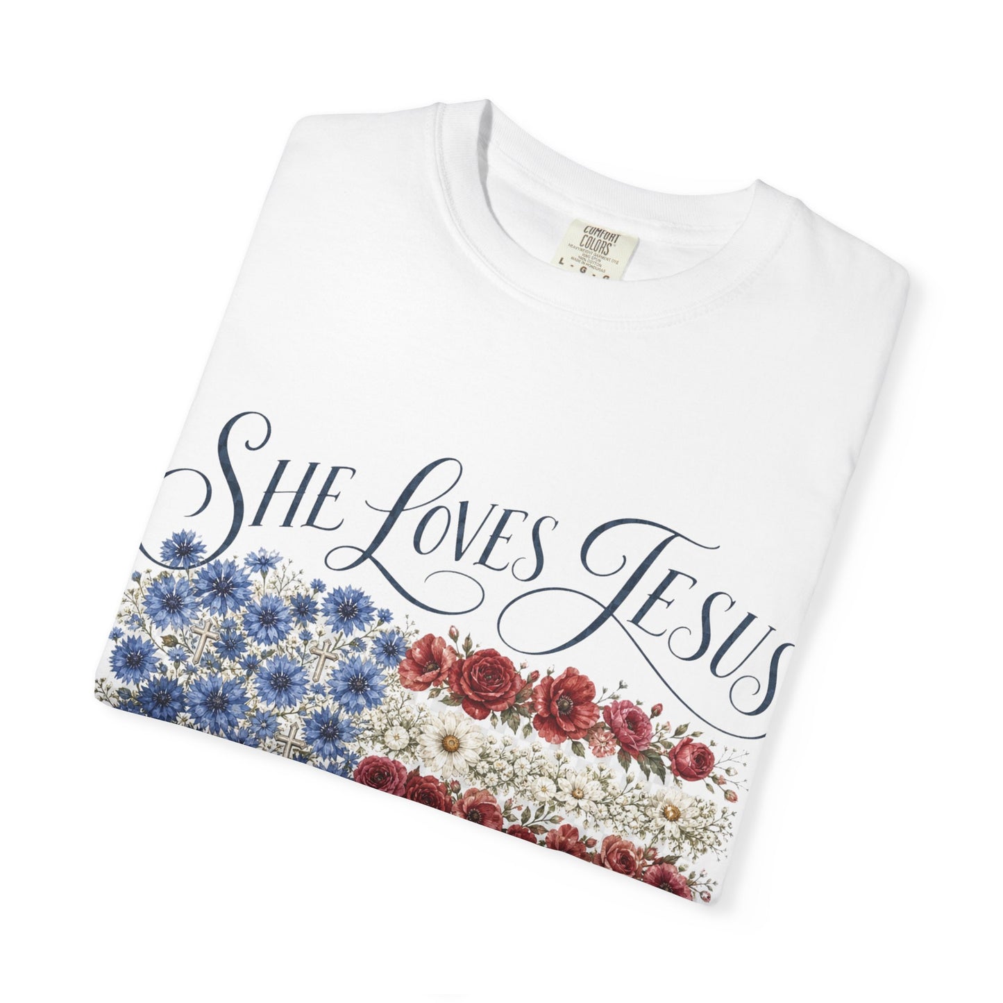 She Loves Jesus Floral American Flag T-Shirt
