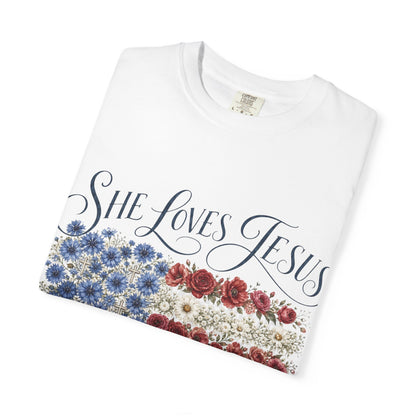 She Loves Jesus Floral American Flag T-Shirt