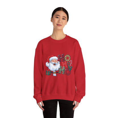 Christmas Santa 'Ho Ho Ho' Crewneck Sweatshirt — Holiday Plaid & Leopard Print Festive Pullover