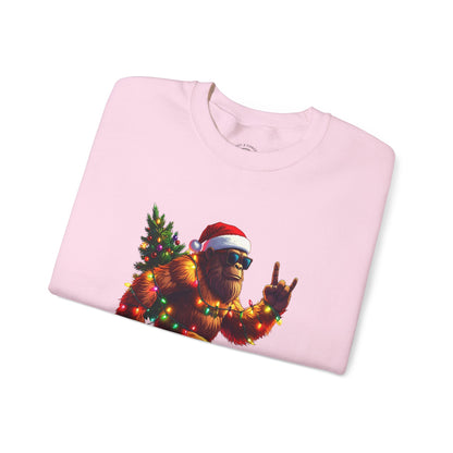 Christmas Sasquatch Crewneck Sweatshirt — Holiday Bigfoot with Santa Hat & Lights