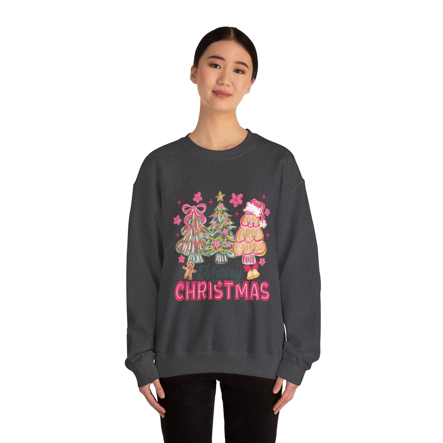 Christmas Trees Crewneck Sweatshirt — Merry Christmas Pink Holiday Sweater