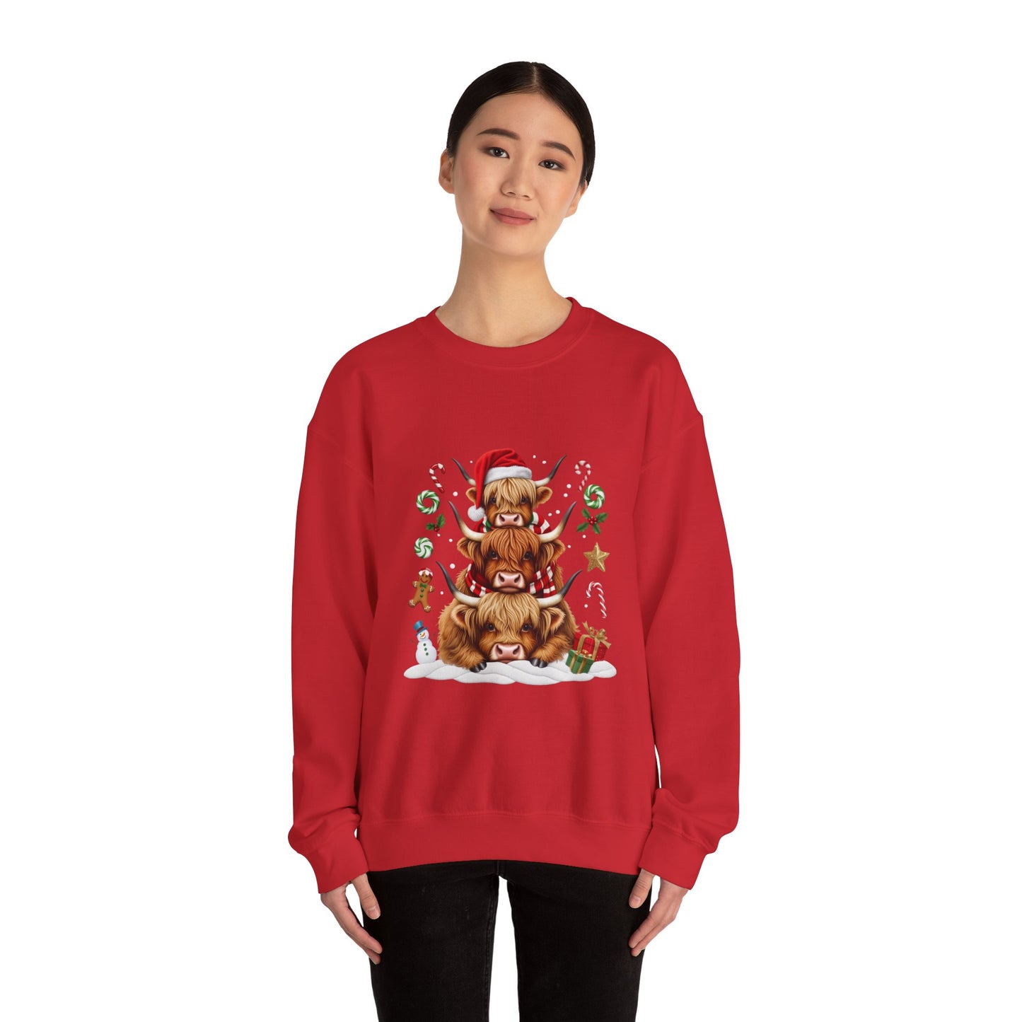 Christmas Highland Cow Sweatshirt — Holiday Stack with Santa Hats & Candy Canes