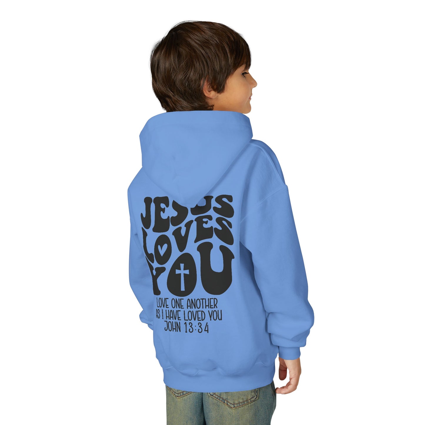 Youth Hoodie — "Jesus Loves You" Christian Scripture Sweatshirt (John 13:34)
