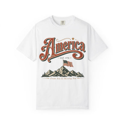 America Vintage Flag T-Shirt — Patriotic Mountain Graphic (From Sea to Shining Sea)