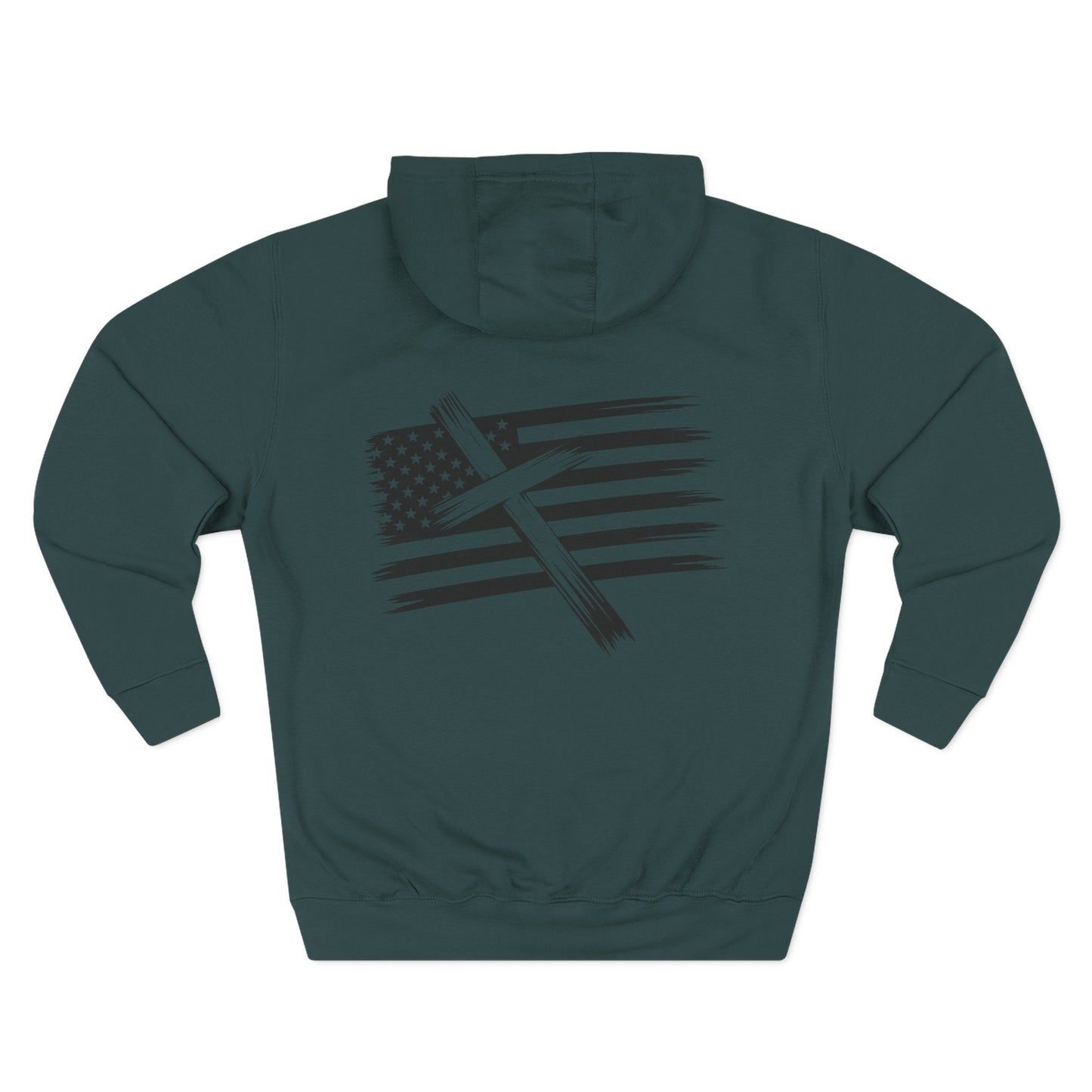 American Flag Cross Hoodie — Christian Patriotic Pullover with Distressed Stars & Stripes