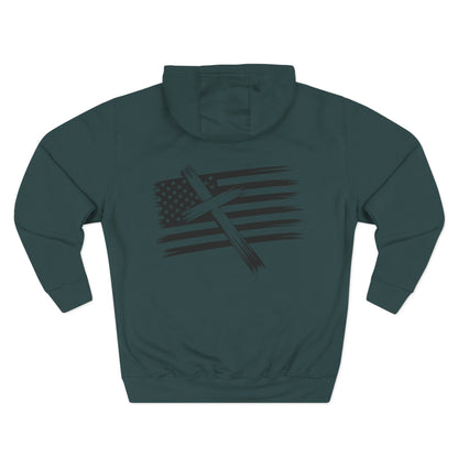 American Flag Cross Hoodie — Christian Patriotic Pullover with Distressed Stars & Stripes