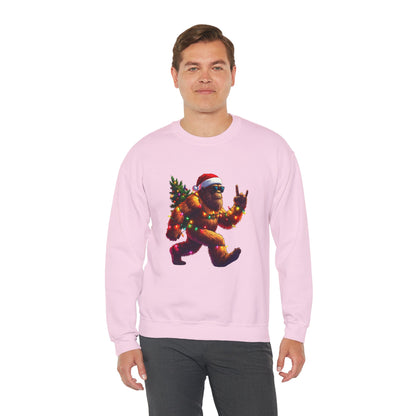 Christmas Sasquatch Crewneck Sweatshirt — Holiday Bigfoot with Santa Hat & Lights