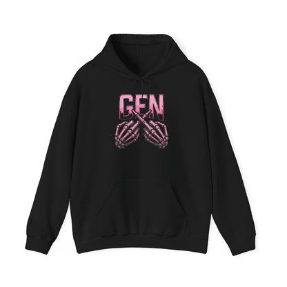 Gen Skull Hands Hoodie — Pink Skeleton Graphic Hooded Sweatshirt