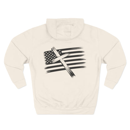 American Flag Cross Hoodie — Christian Patriotic Pullover with Distressed Stars & Stripes