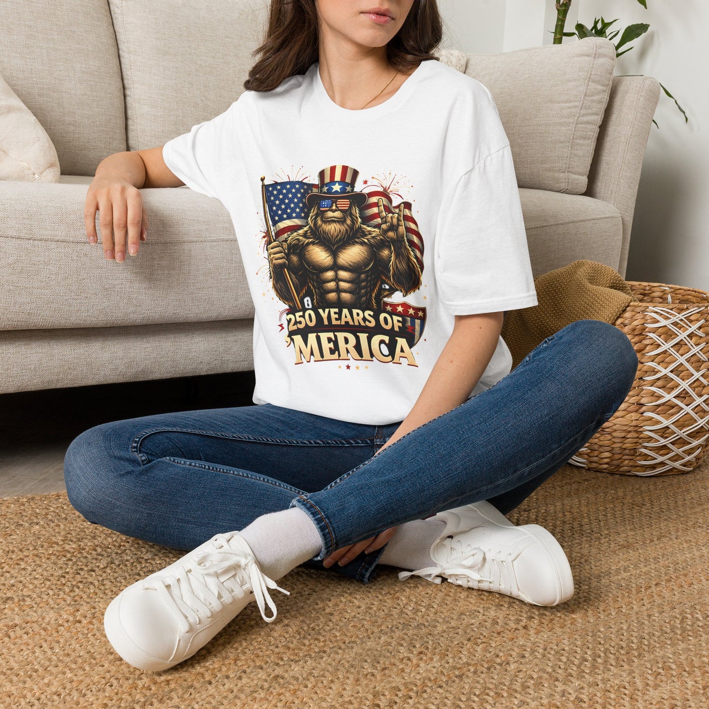 Patriotic '250 Years of Merica' T-Shirt — Muscular Uncle Sam Flag Graphic