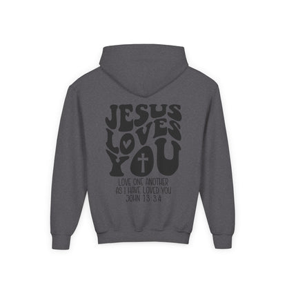 Youth Hoodie — "Jesus Loves You" Christian Scripture Sweatshirt (John 13:34)