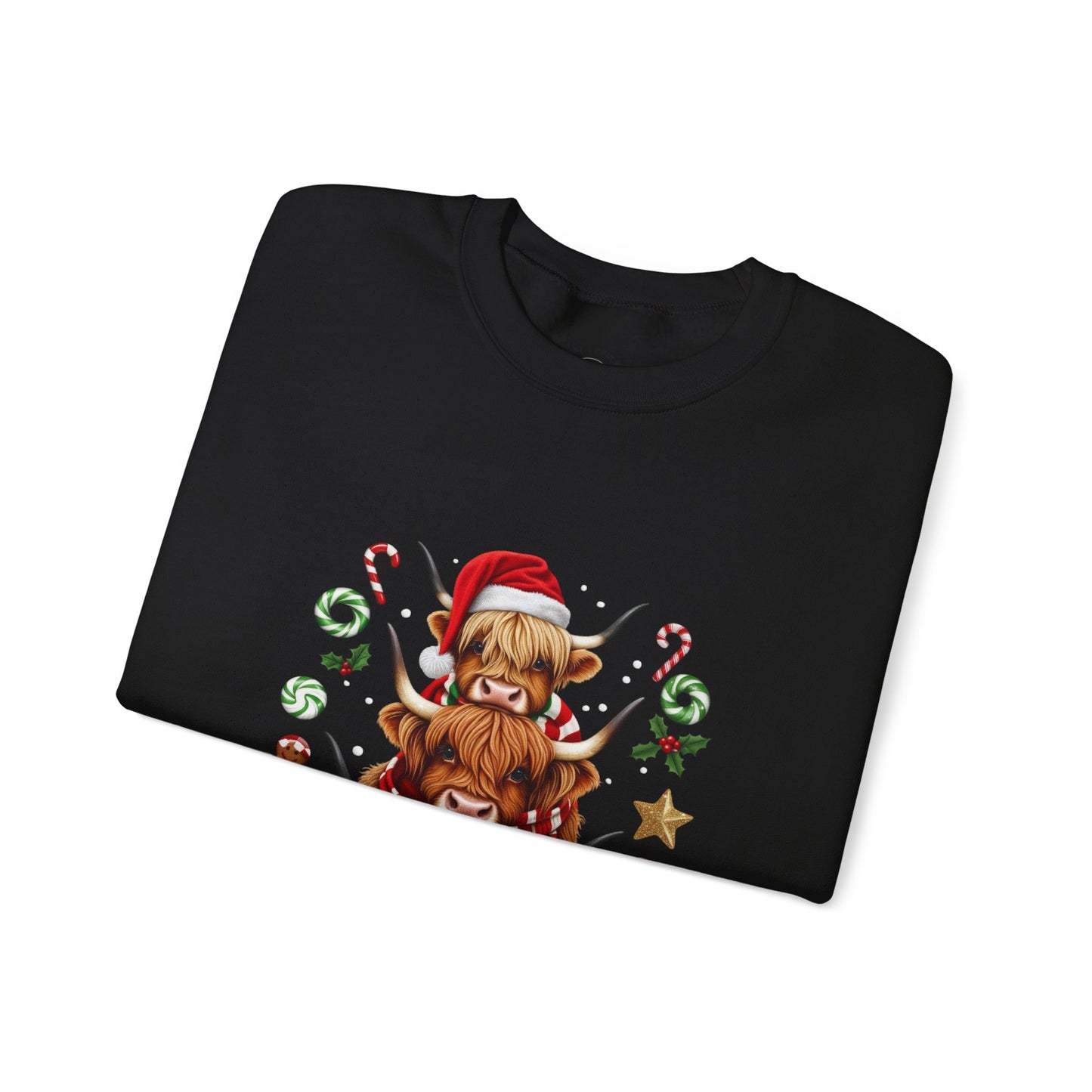 Christmas Highland Cow Sweatshirt — Holiday Stack with Santa Hats & Candy Canes