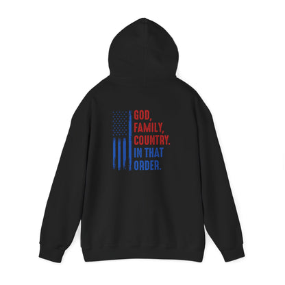 Patriotic "God, Family, Country" Hoodie — American Flag Statement Sweatshirt