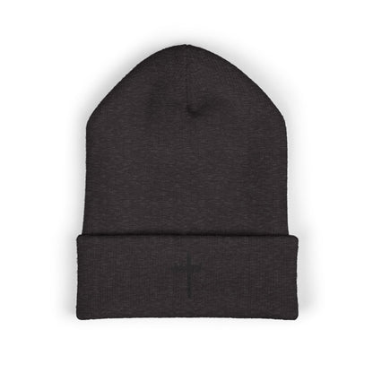 Embroidered Cross Cuffed Beanie — Minimal Faith Knit Hat