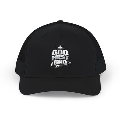 God About Bro Embroidered Trucker Cap — Religious Snapback Hat