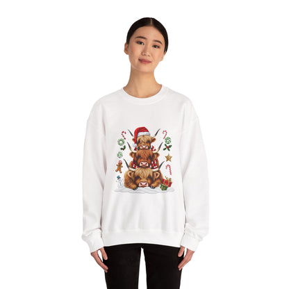 Christmas Highland Cow Sweatshirt — Holiday Stack with Santa Hats & Candy Canes