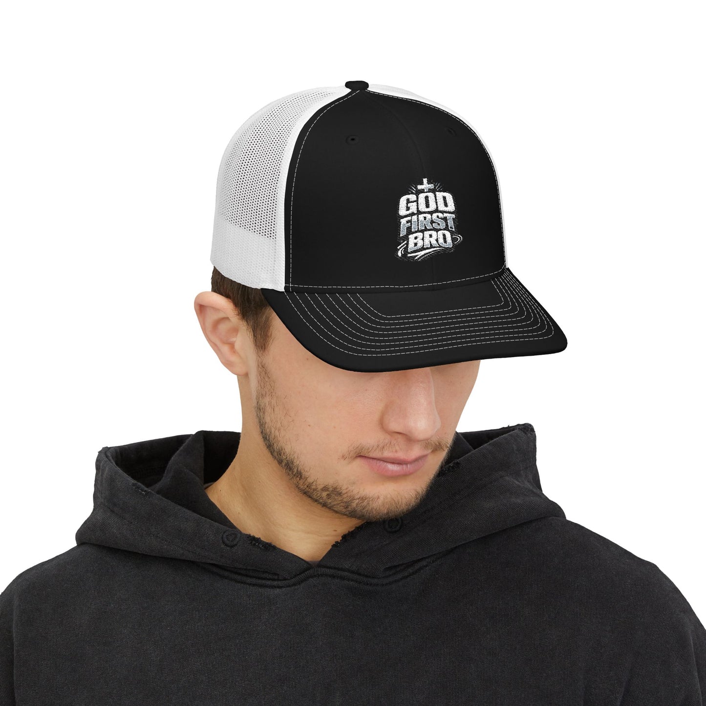 God About Bro Embroidered Trucker Cap — Religious Snapback Hat