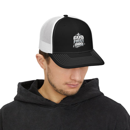 God About Bro Embroidered Trucker Cap — Religious Snapback Hat