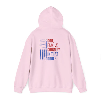 Patriotic "God, Family, Country" Hoodie — American Flag Statement Sweatshirt