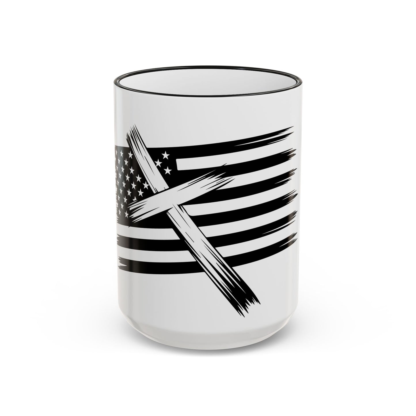 American Flag Brushstroke Cross Mug — Patriotic Christian Coffee Cup (11oz & 15oz)