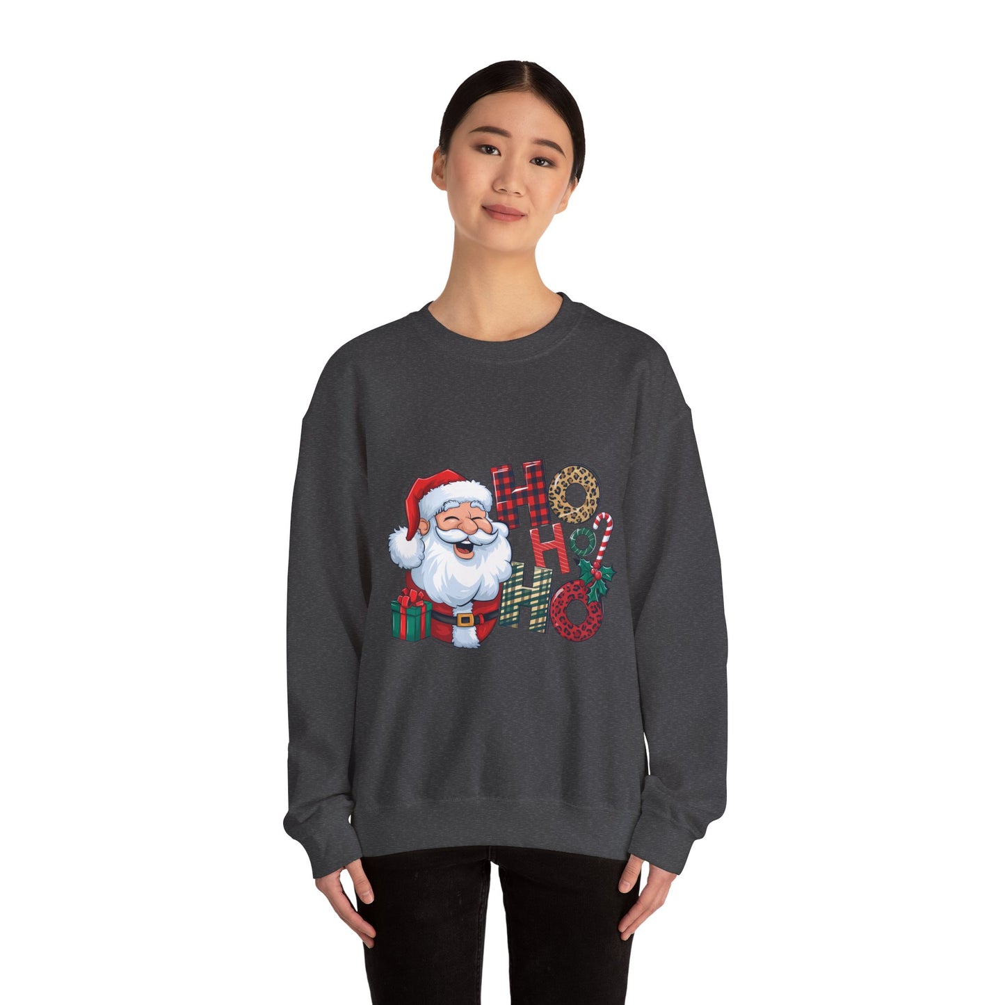 Christmas Santa 'Ho Ho Ho' Crewneck Sweatshirt — Holiday Plaid & Leopard Print Festive Pullover