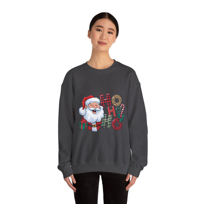 Christmas Santa 'Ho Ho Ho' Crewneck Sweatshirt — Holiday Plaid & Leopard Print Festive Pullover