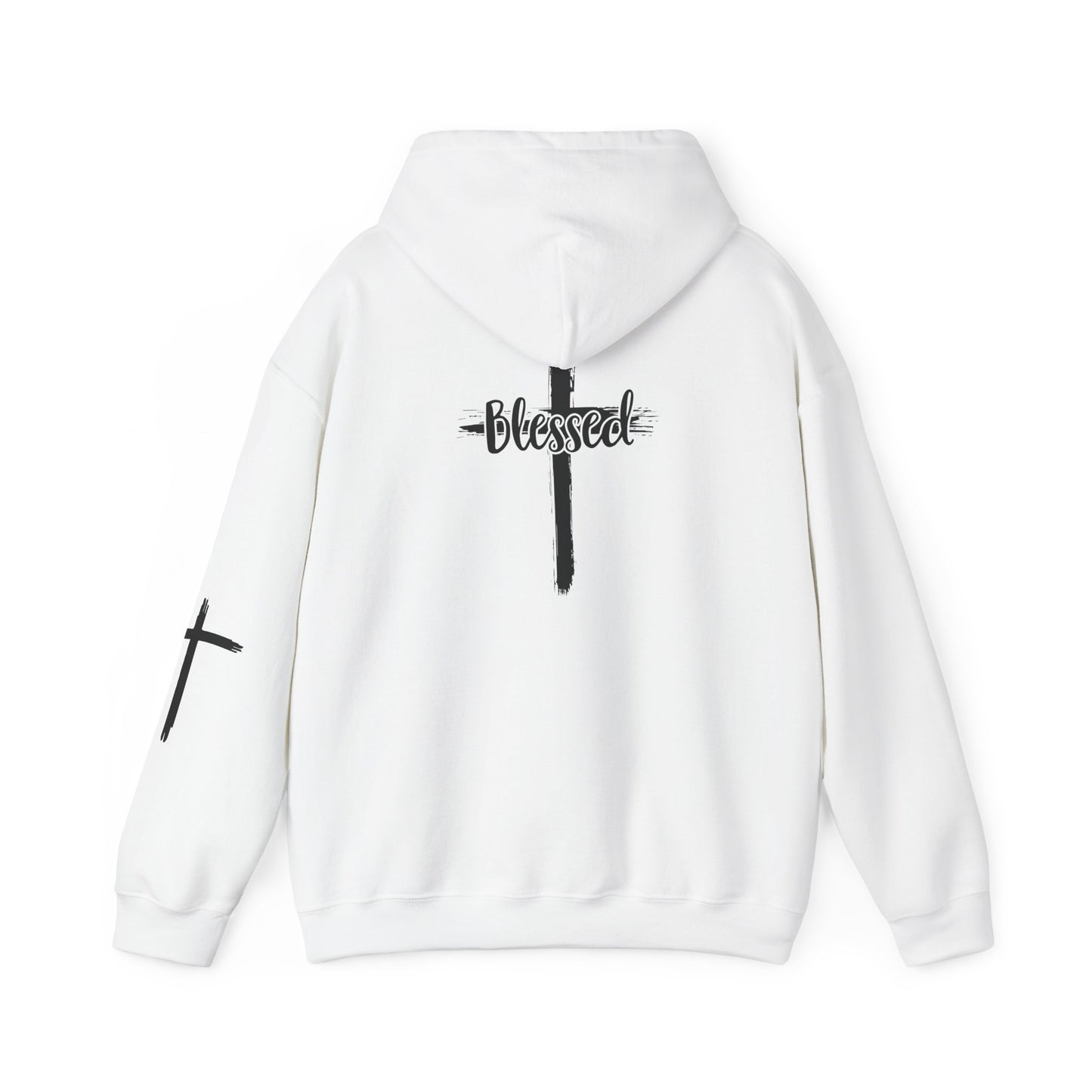 Blessed Cross Hoodie — Christian Faith Pullover with Cross Sleeve Design