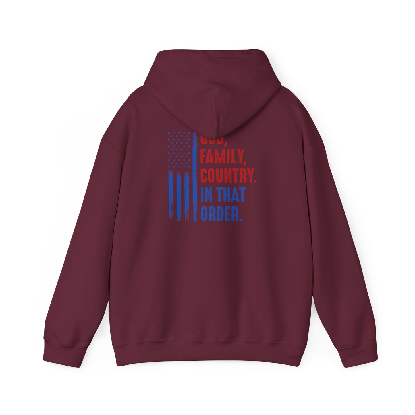 Patriotic "God, Family, Country" Hoodie — American Flag Statement Sweatshirt