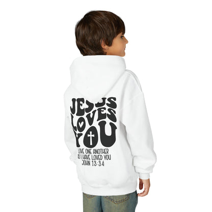 Youth Hoodie — "Jesus Loves You" Christian Scripture Sweatshirt (John 13:34)