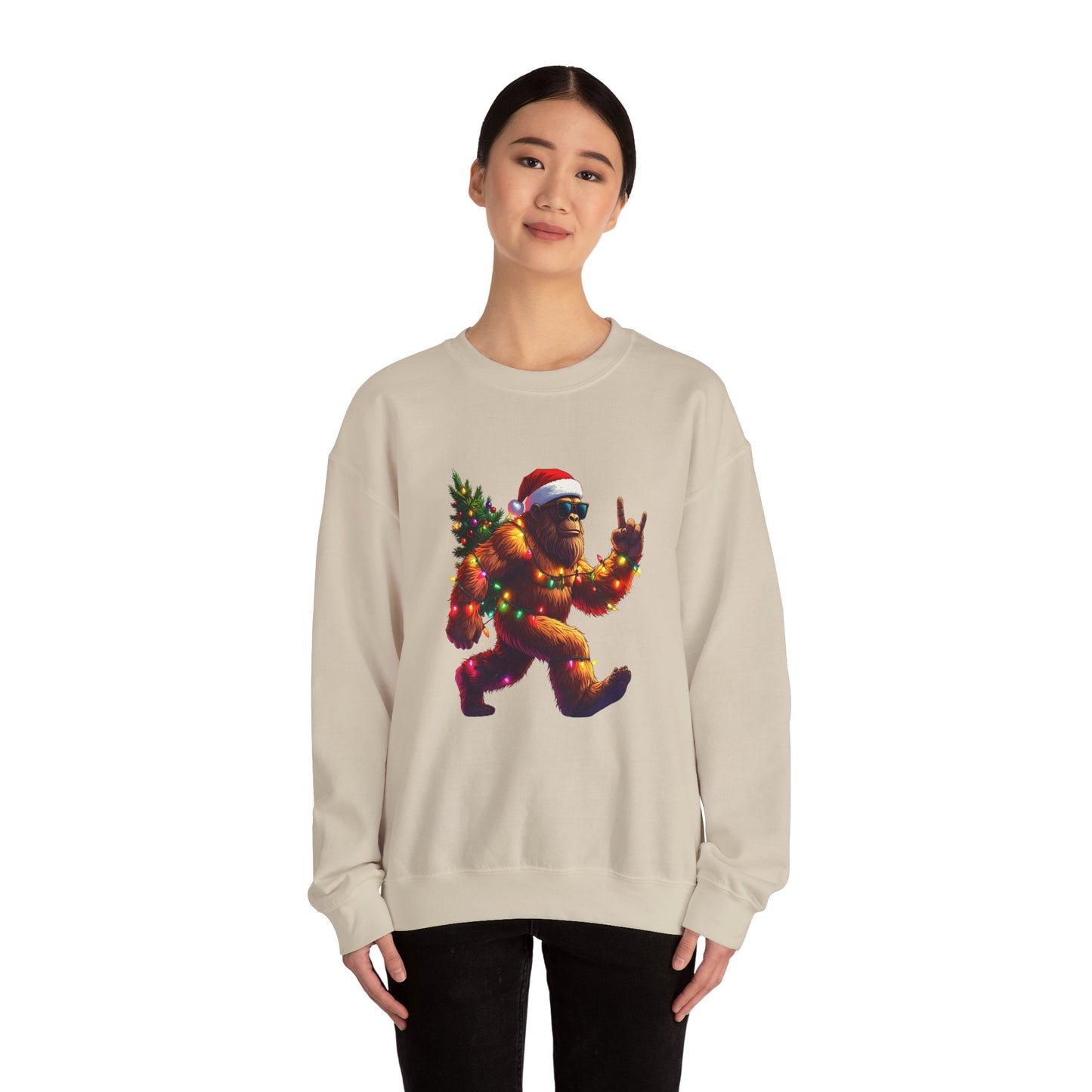 Christmas Sasquatch Crewneck Sweatshirt — Holiday Bigfoot with Santa Hat & Lights
