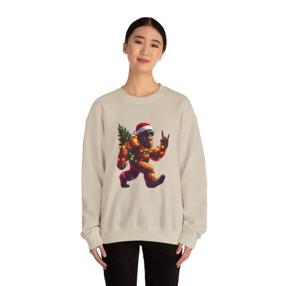 Christmas Sasquatch Crewneck Sweatshirt — Holiday Bigfoot with Santa Hat & Lights