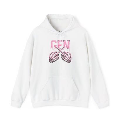 Gen Skull Hands Hoodie — Pink Skeleton Graphic Hooded Sweatshirt