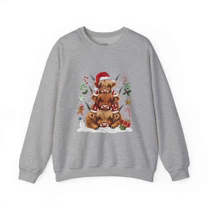 Christmas Highland Cow Sweatshirt — Holiday Stack with Santa Hats & Candy Canes