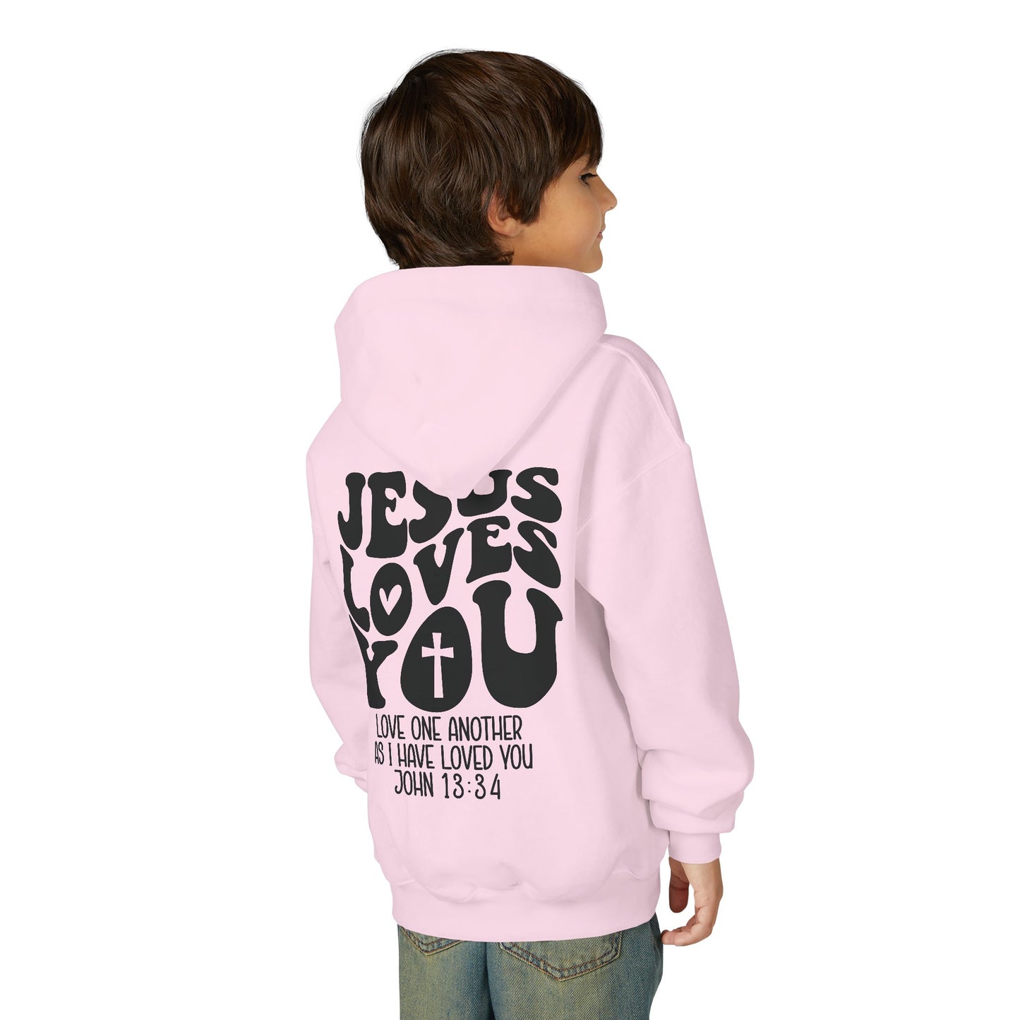 Youth Hoodie — "Jesus Loves You" Christian Scripture Sweatshirt (John 13:34)