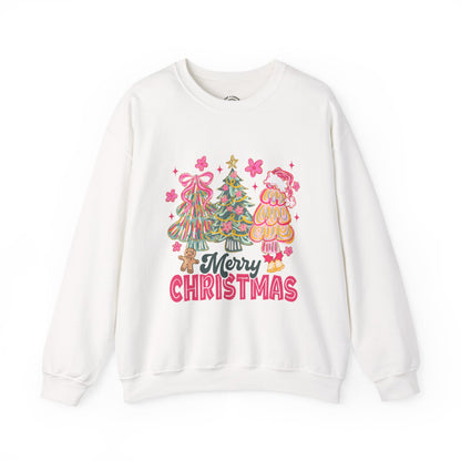 Christmas Trees Crewneck Sweatshirt — Merry Christmas Pink Holiday Sweater